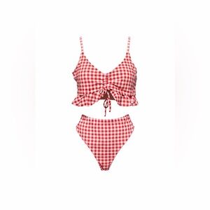 Red White Gingham Ruffle Bikini Two Piece Swimsuit Size XL